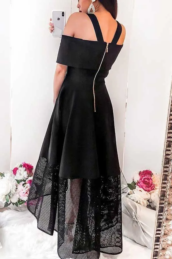 A-Line Cold Shoulder High Low Black Homecoming Dress with Lace PD054