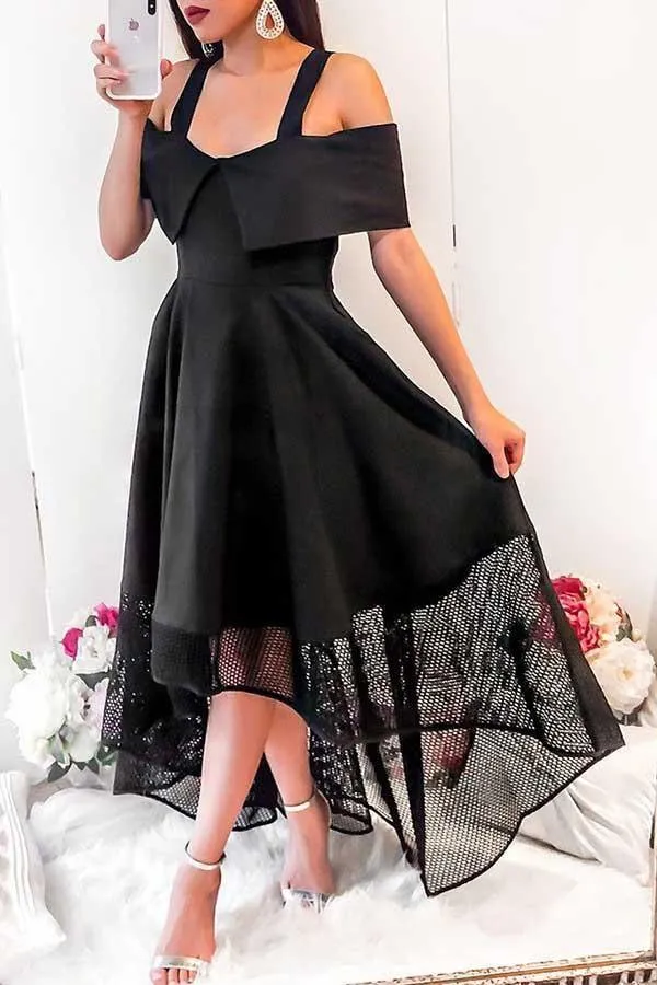 A-Line Cold Shoulder High Low Black Homecoming Dress with Lace PD054