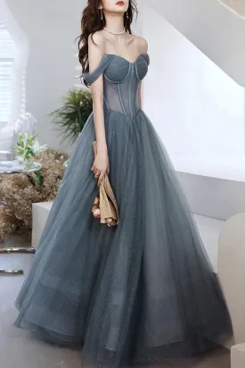 A-line Gray Tulle Long Prom Dress Off The Shoulder Evening Dress PSK287