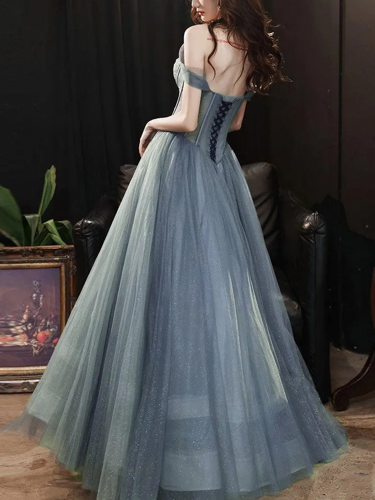 A-line Gray Tulle Long Prom Dress Off The Shoulder Evening Dress PSK287