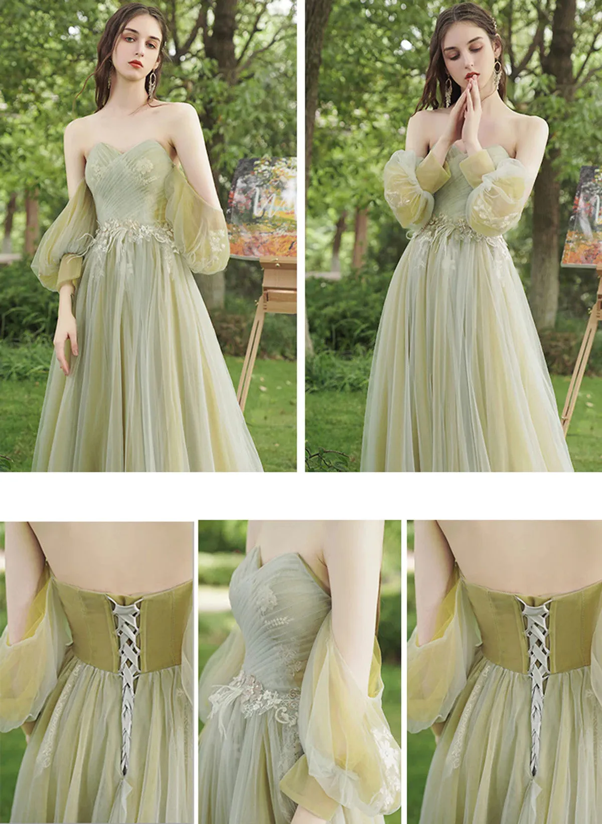 A-line Green Tulle Off Shoulder Lace Applique Prom Dress, Green Party Dress