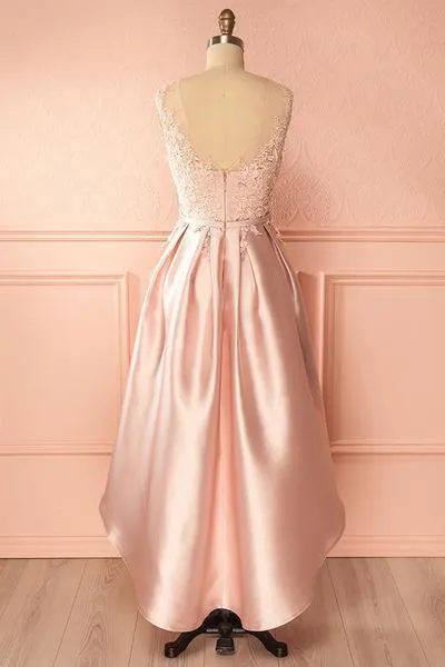 A-Line Scoop High Low Pink Satin Homecoming Dress With Appliques PD120