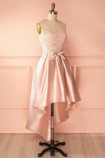 A-Line Scoop High Low Pink Satin Homecoming Dress With Appliques PD120