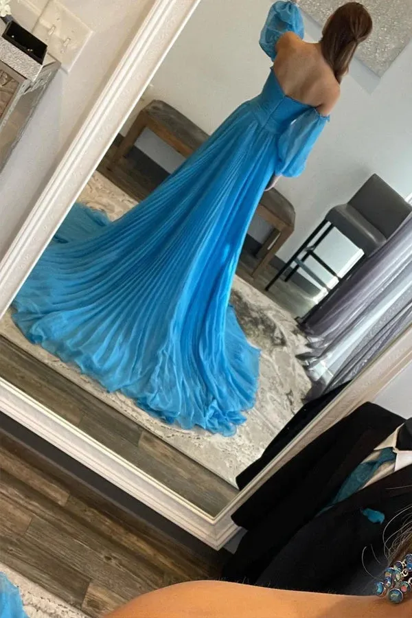 A Line Sweetheart Blue Long Chiffon Prom Dress With Split PSK524