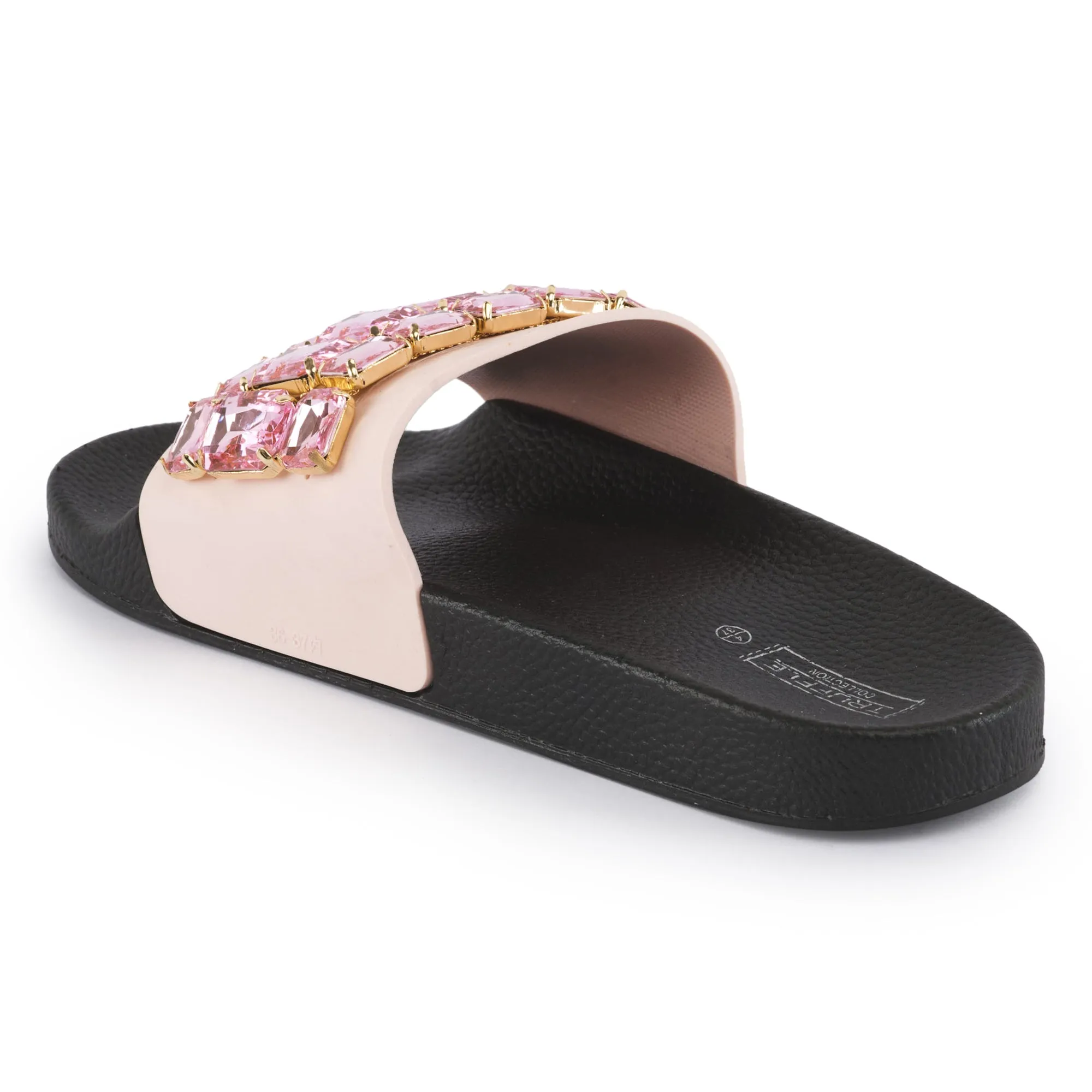 Black Pink Embellished Flat Sliders