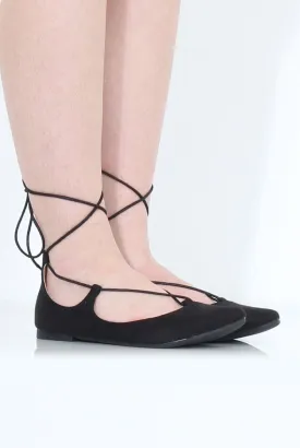 Black Suede Lace Up Flats - Nina