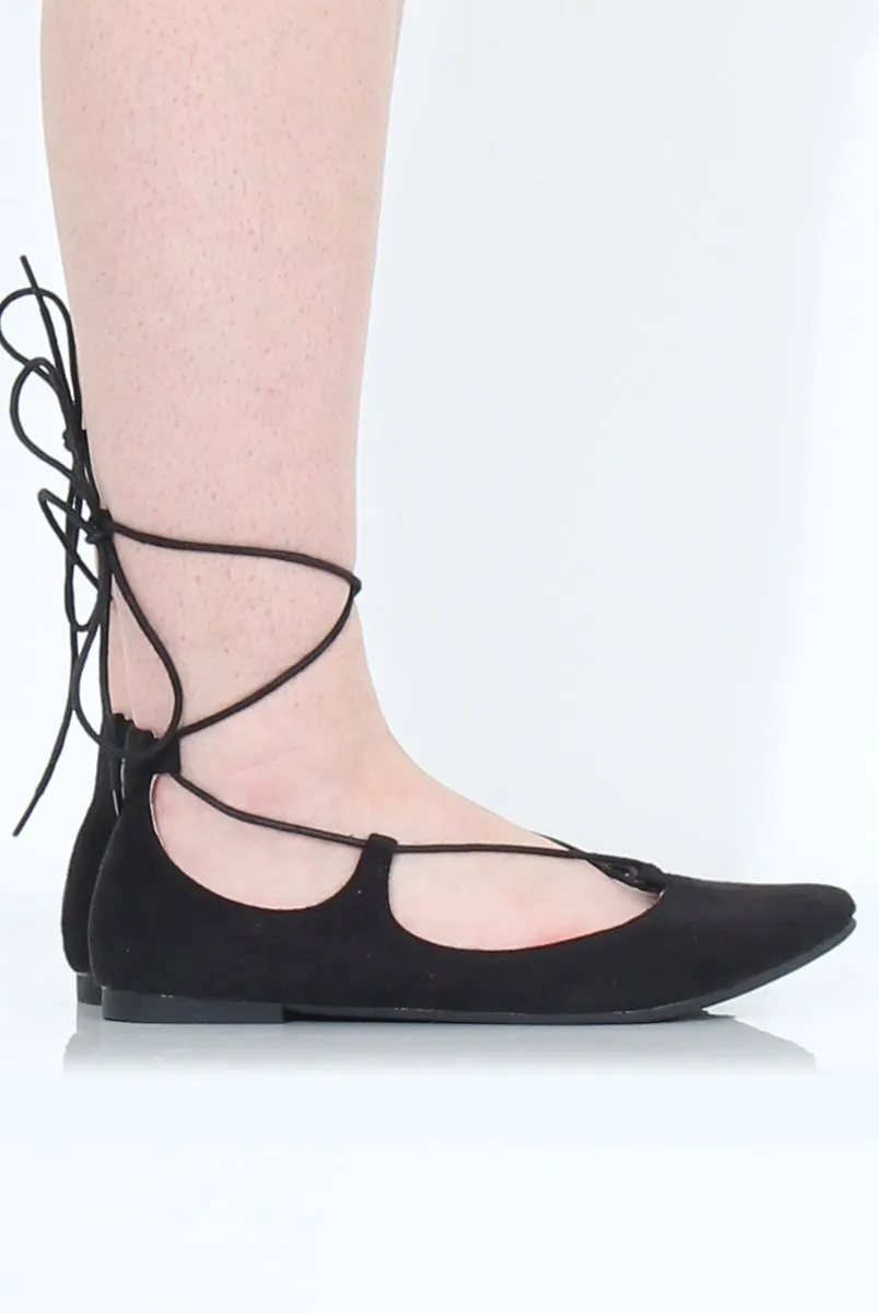 Black Suede Lace Up Flats - Nina