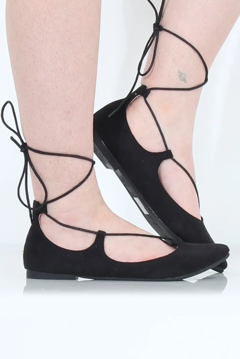 Black Suede Lace Up Flats - Nina