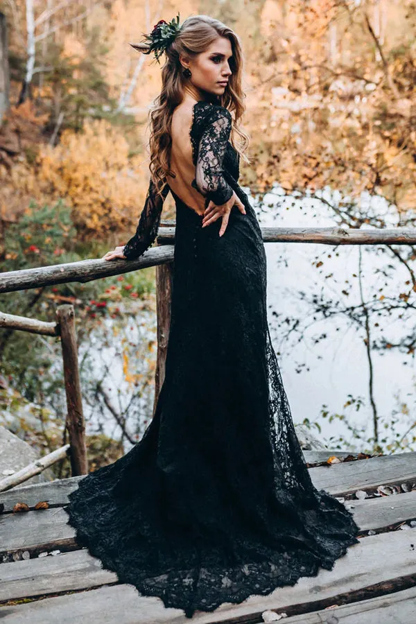 Black Sweetheart Long Sleeves Lace Backless Wedding Dresses WD673