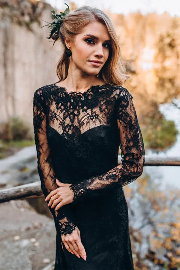 Black Sweetheart Long Sleeves Lace Backless Wedding Dresses WD673