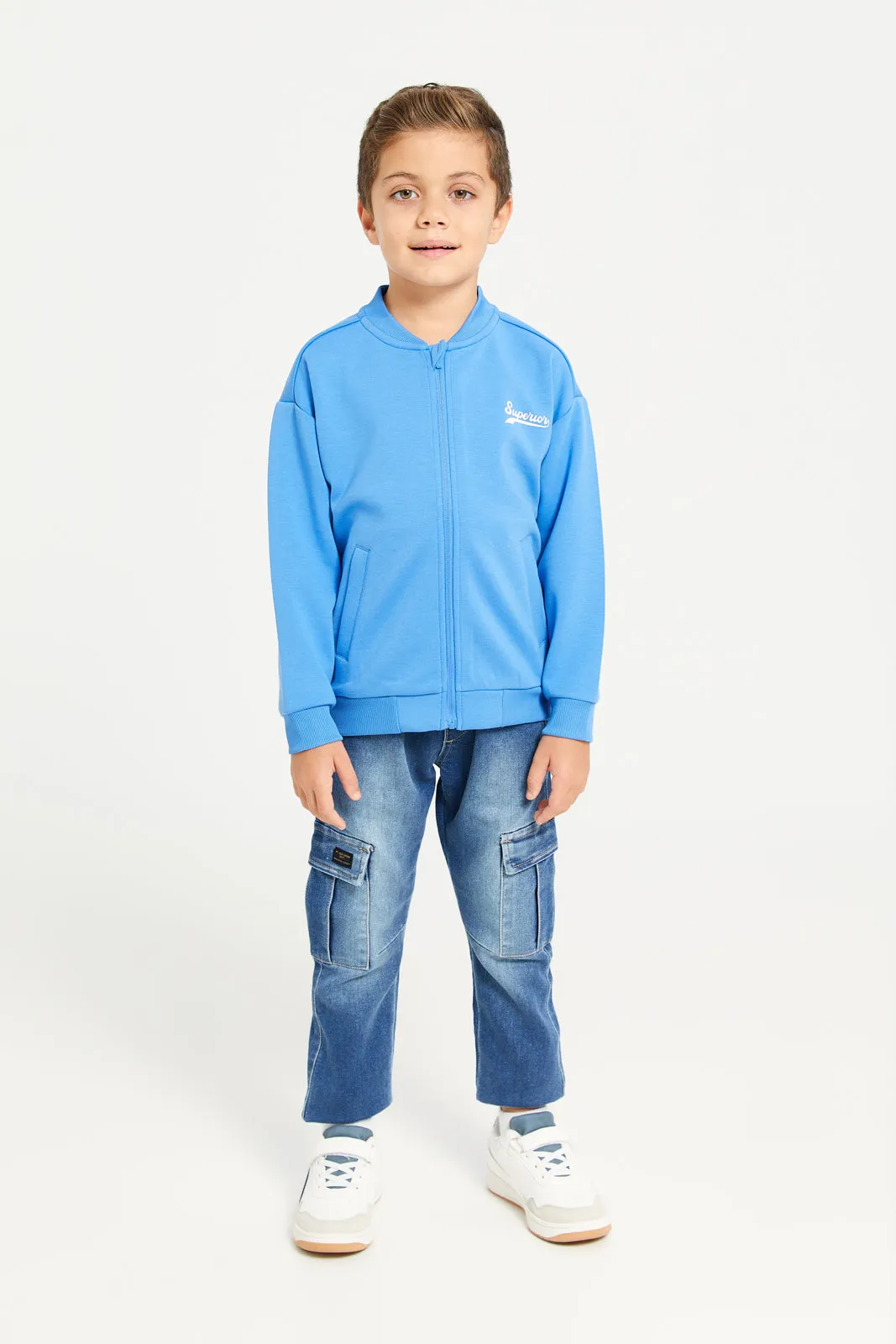 Boys Blue Baseball Collar Sweatshirt With Zipper