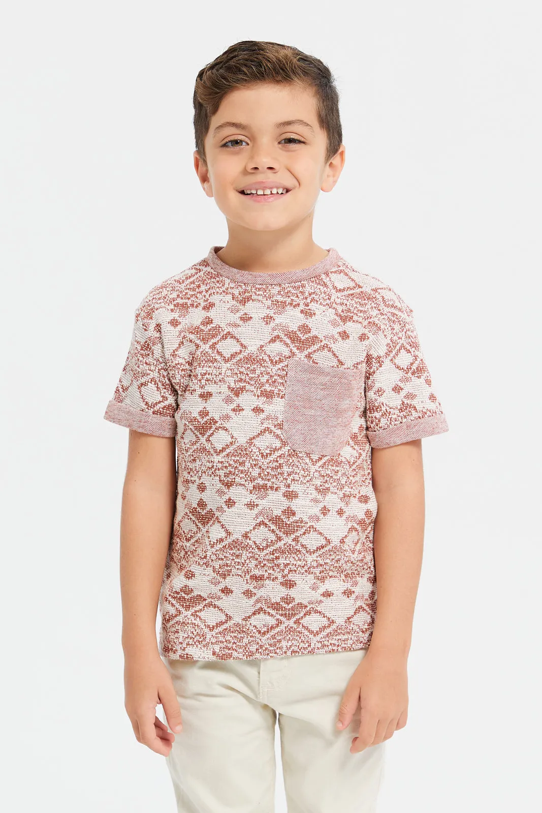 Boys Brown And Beige Jacquard T-Shirt