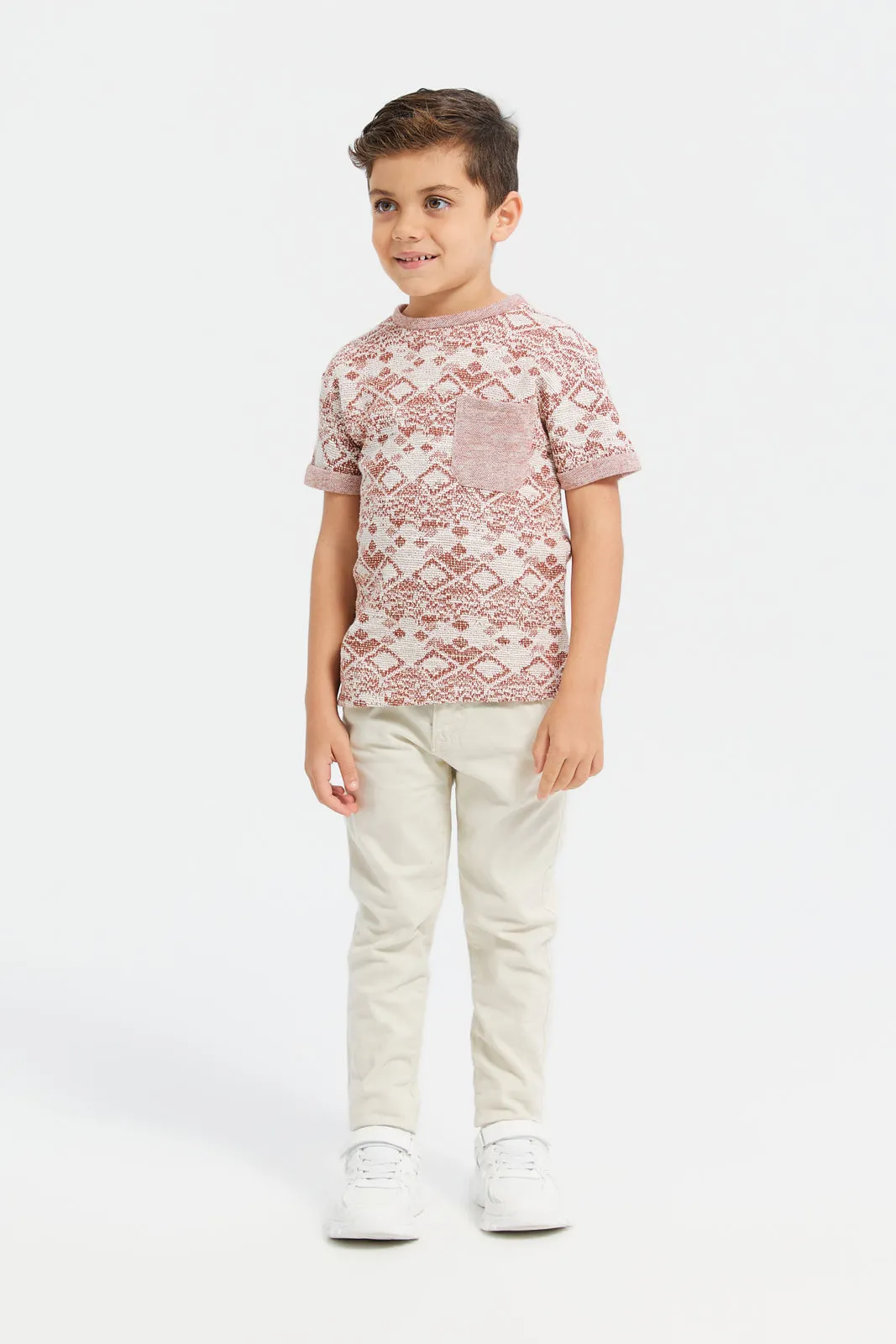 Boys Brown And Beige Jacquard T-Shirt