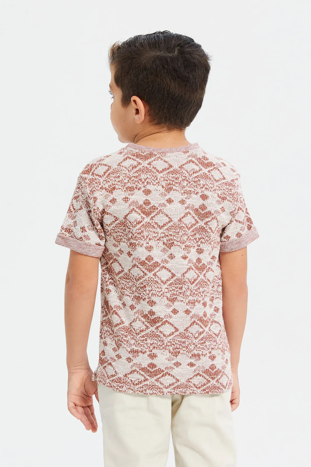 Boys Brown And Beige Jacquard T-Shirt