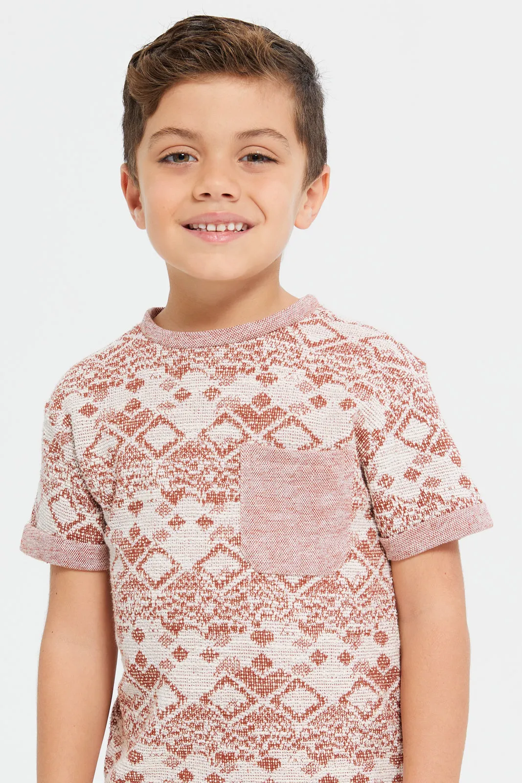 Boys Brown And Beige Jacquard T-Shirt