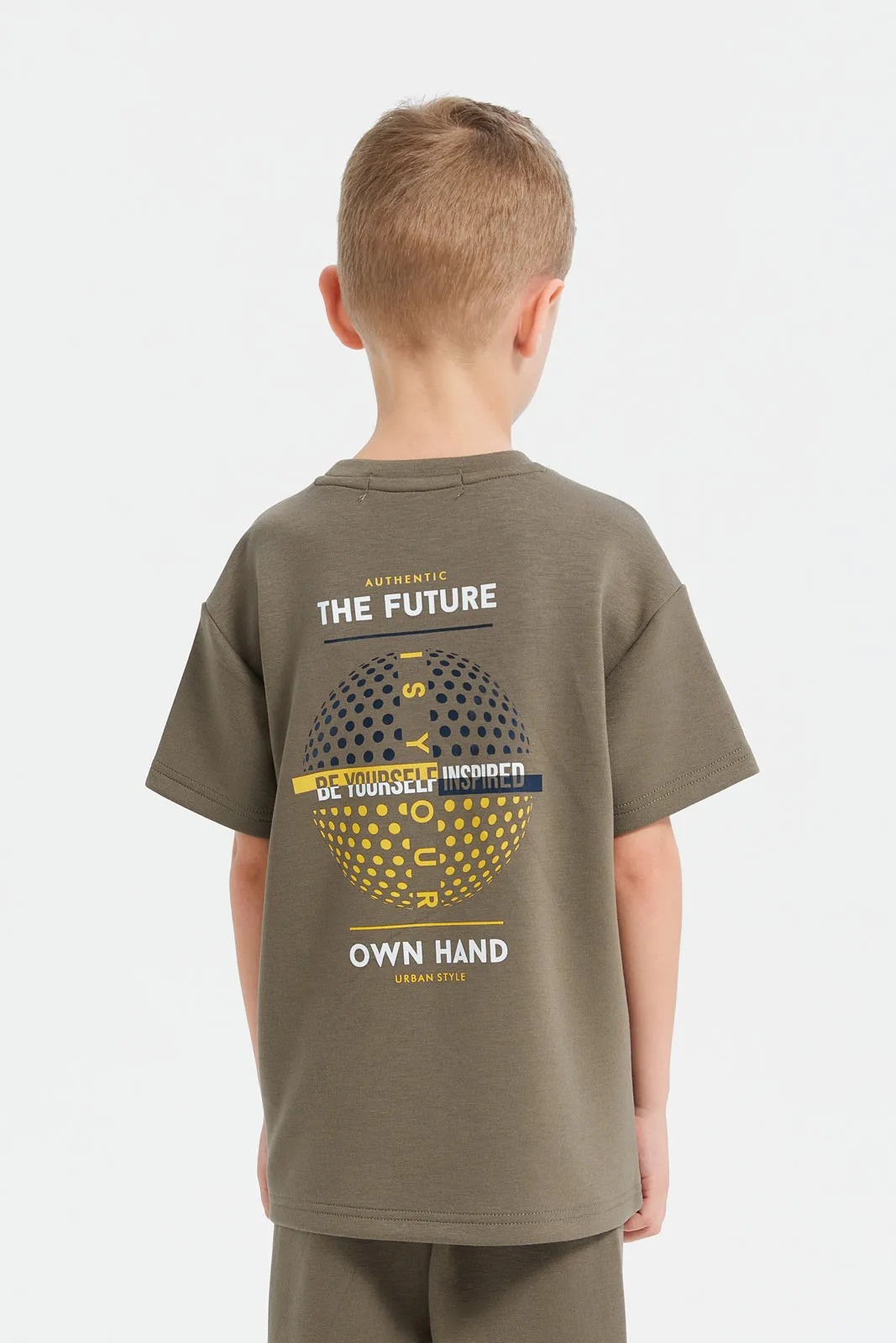 Boys Olive Printed Loose Fit T-Shirt