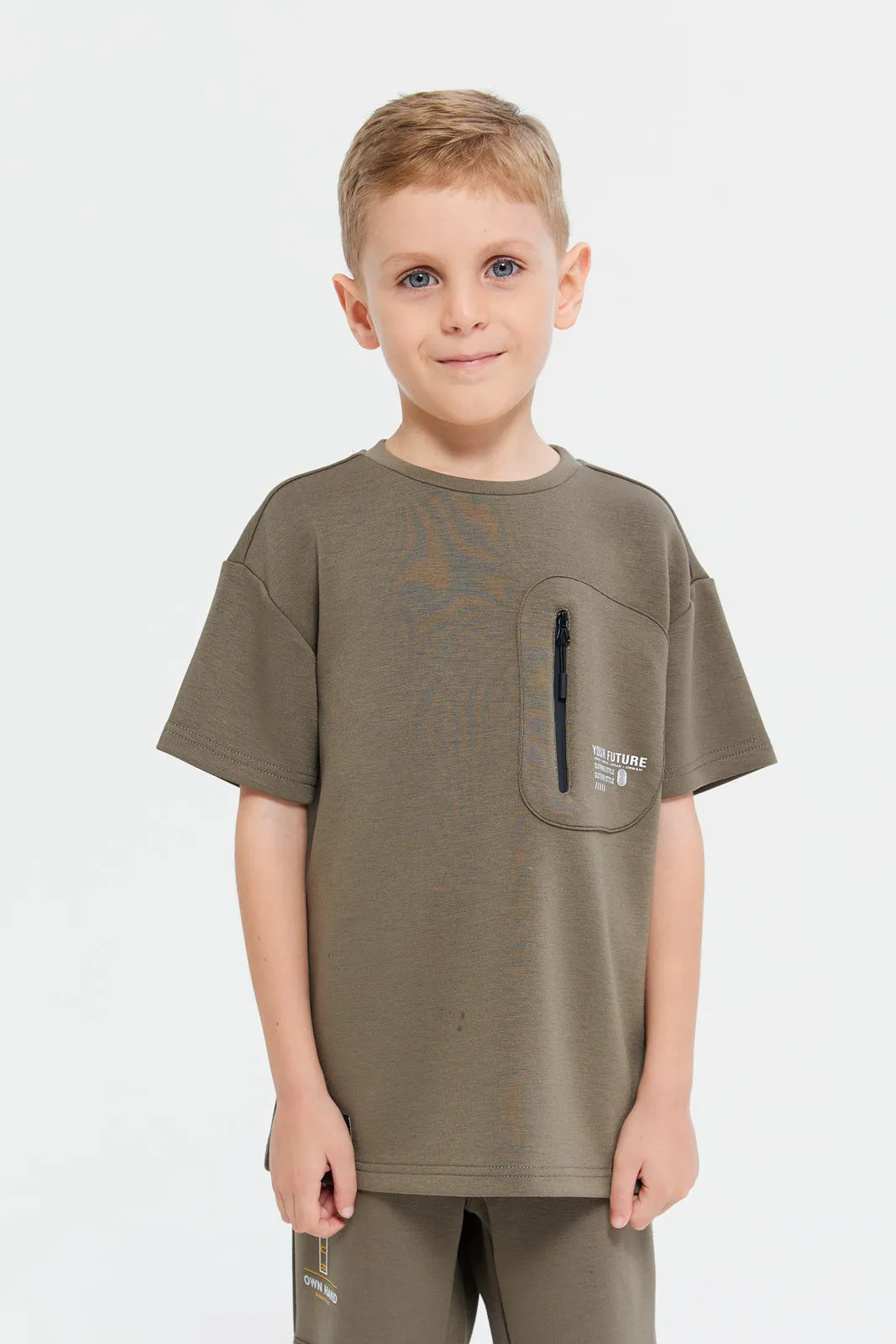 Boys Olive Printed Loose Fit T-Shirt