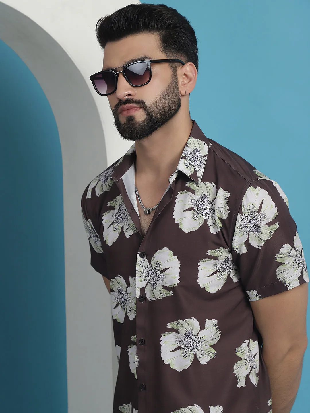 Brown Floral Printed Cotton Casual Shirt