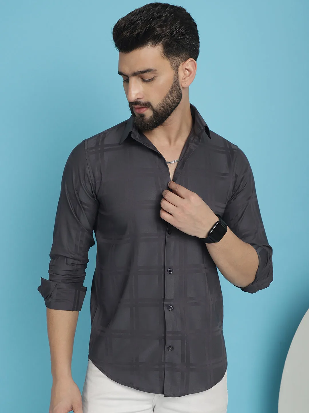 Charcoal Grey Checked Casual Shirt