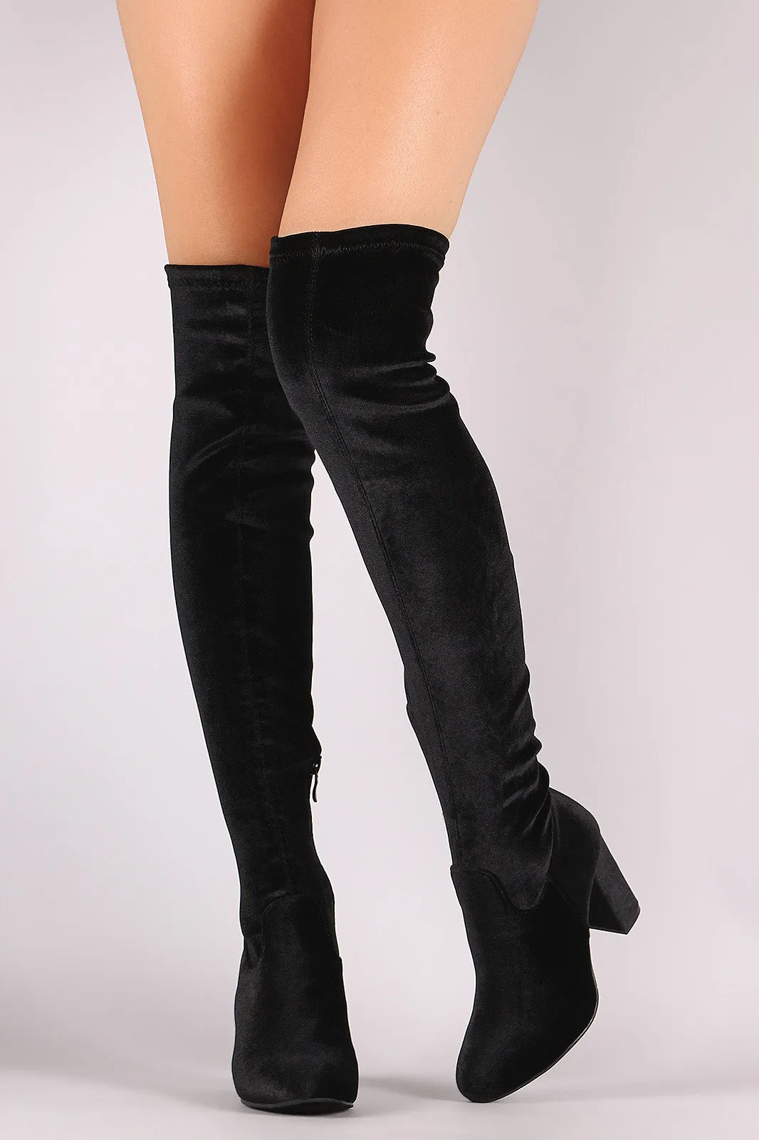 Crushed Velvet Chunky Heeled Over-The-Knee Boots