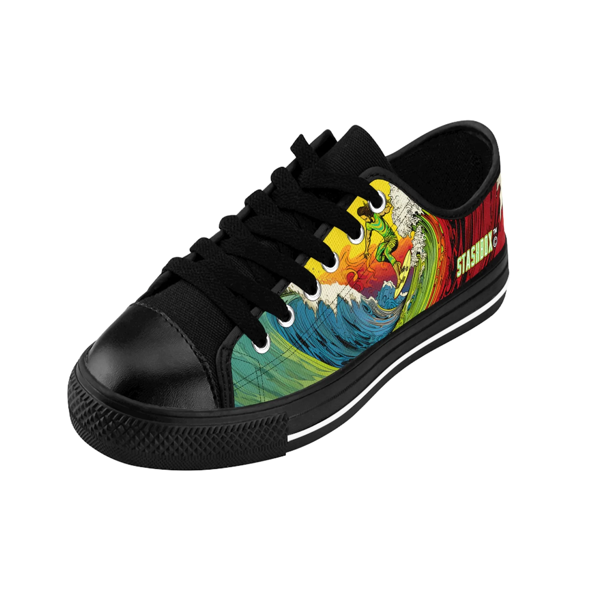 Custom Men's Sneakers Surfing Wave Green Yellow Red Surfboard 002