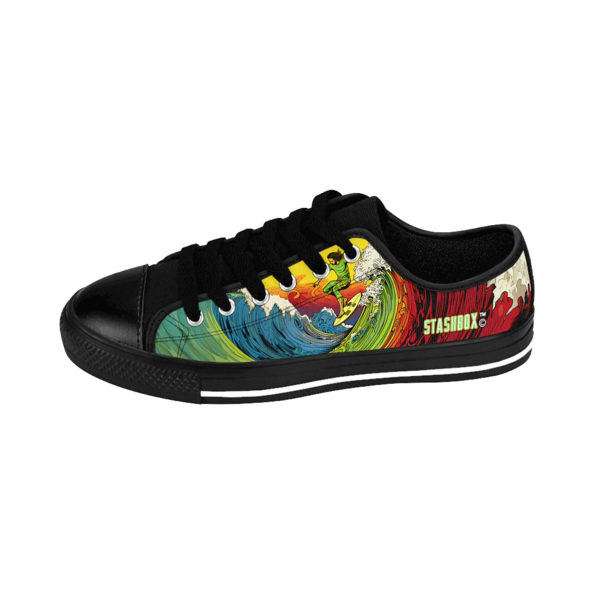 Custom Men's Sneakers Surfing Wave Green Yellow Red Surfboard 002