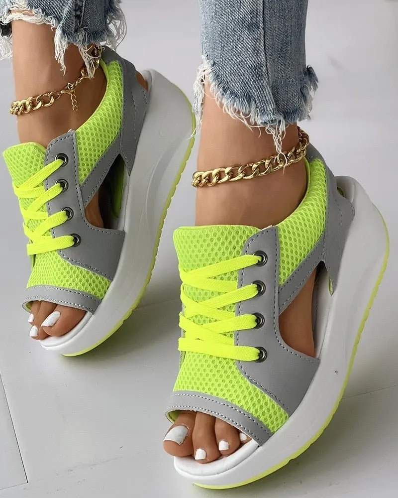 Cutout Lace-up Sandals with Peep Toe and Low Wedges