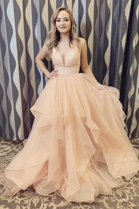 Elegant Straps Champagne Long Prom/Formal Dress with Ruffles PSK168