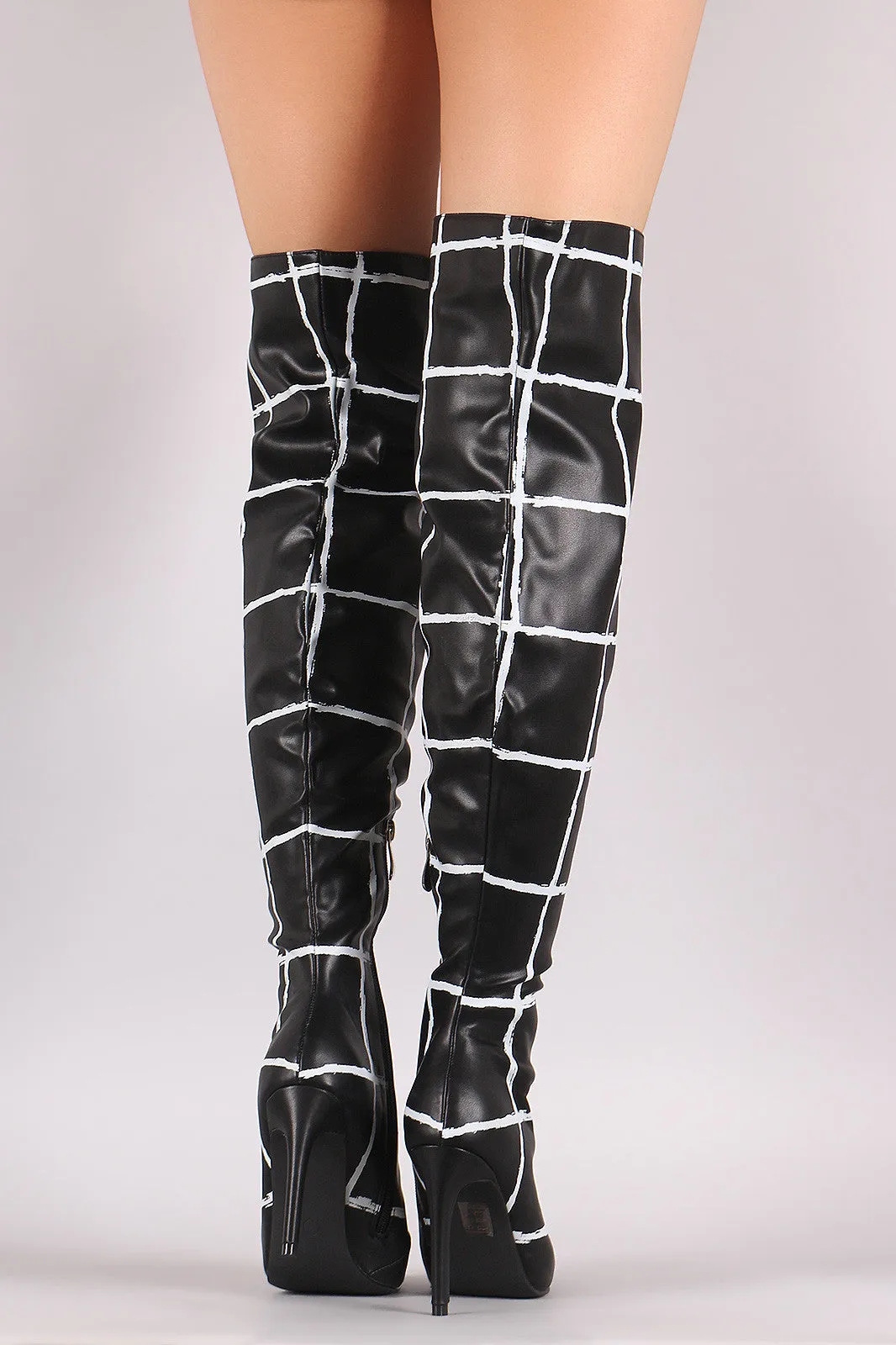 Grid Pattern Pointy Toe Stiletto Over-The-Knee Boots