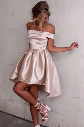 High Low Off-the-Shoulder Pleated Satin Homecoming Dress  PG182