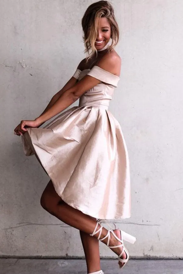 High Low Off-the-Shoulder Pleated Satin Homecoming Dress  PG182