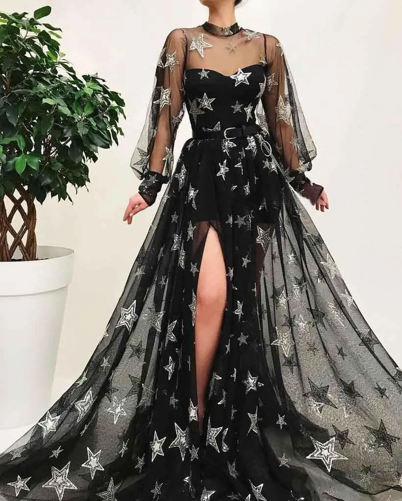 High Neck Split Black Long Sleeves Prom Dress With Star PSK067