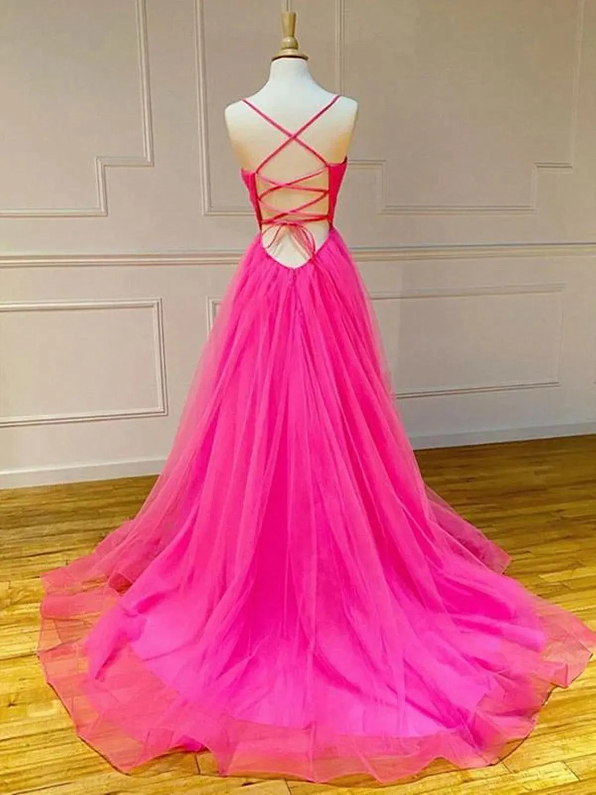 Hot Pink V-neckline Straps Cross Back Party Dress, Tulle Long Prom Dress