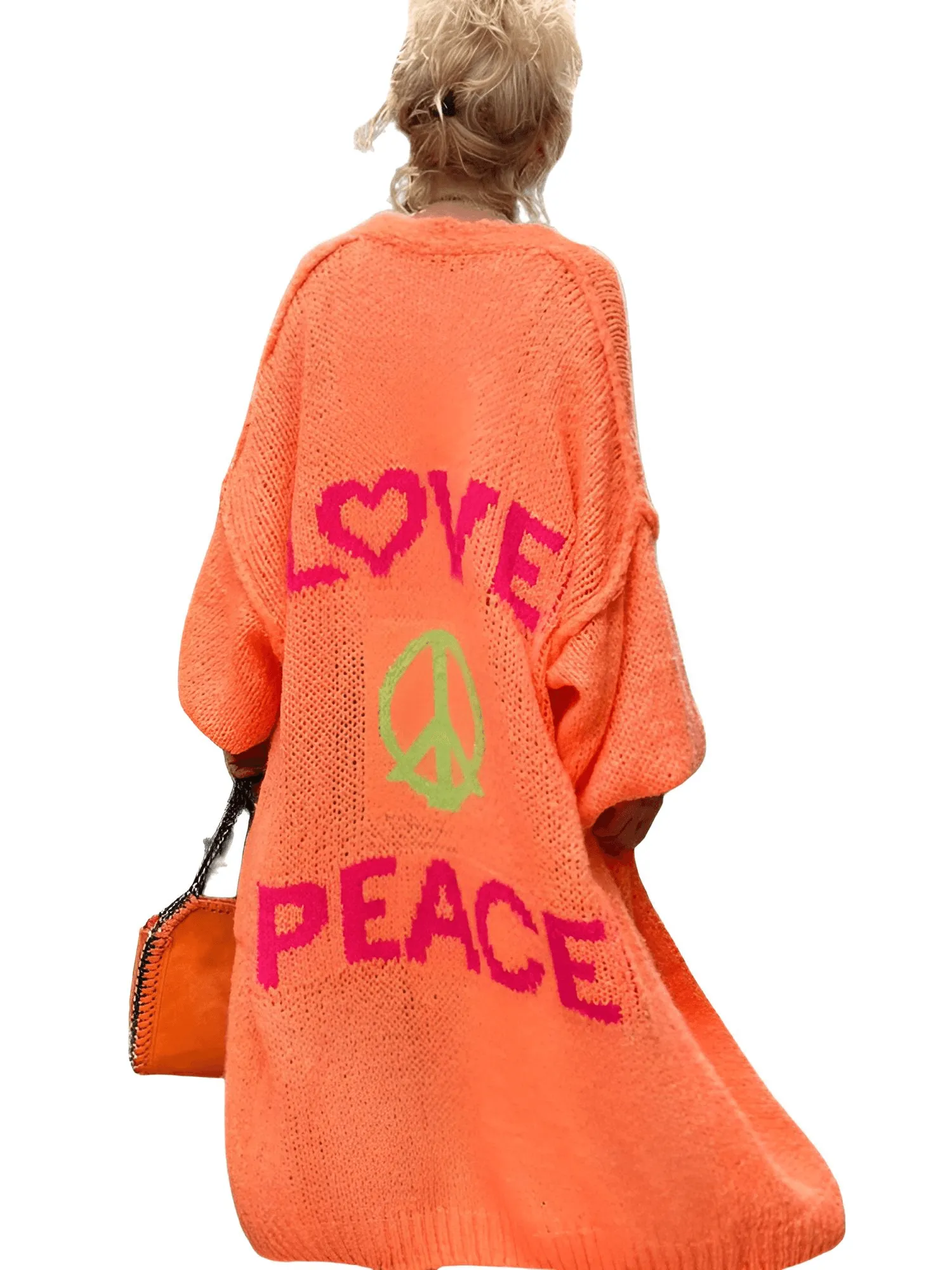 Knitted Cardigan Women's Love Peace Cardigan Loose Long Outerwear Y2K Sweater Coat Soft Cover Up Fashion Streetwear