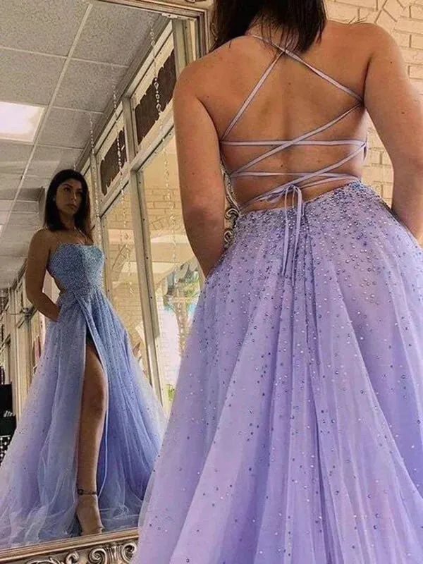 Lavender Tulle A-line Beaded Long Prom Dresses Party Dresses With Slit  PSK436