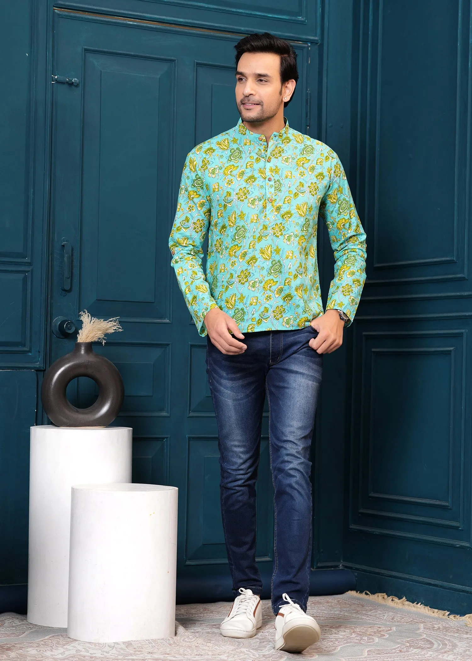 Men Blue Self Design Spread Collar Casual Shirt