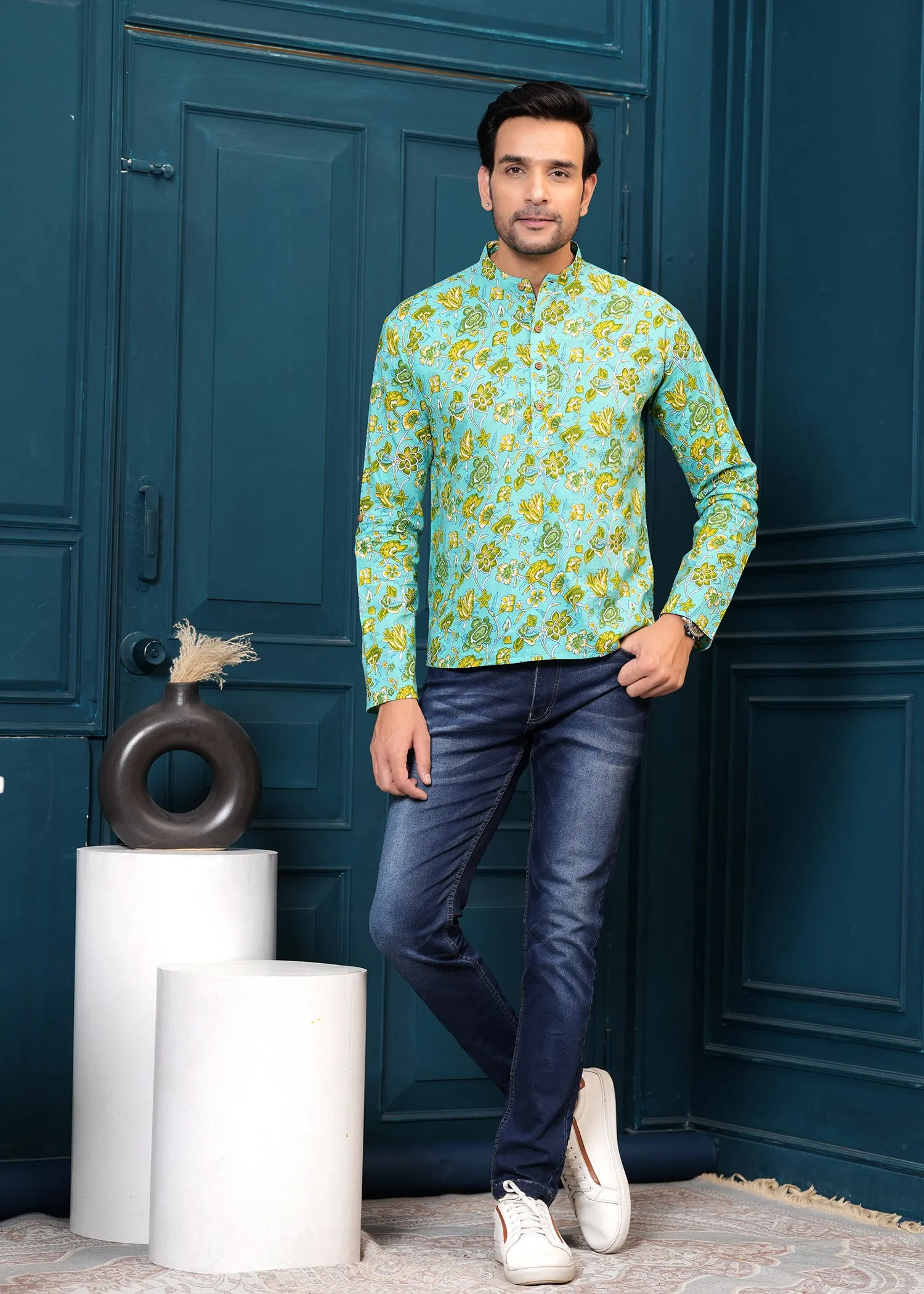 Men Blue Self Design Spread Collar Casual Shirt