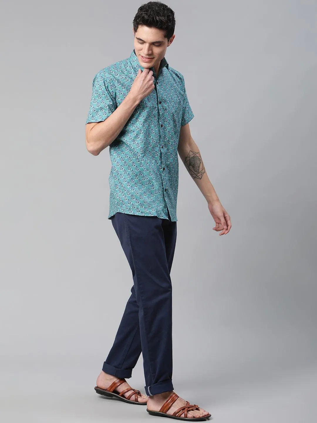 Millennial Men Turquoise Blue & Blue  Cotton  Half Sleeve Shirt For Men-Mmh0179