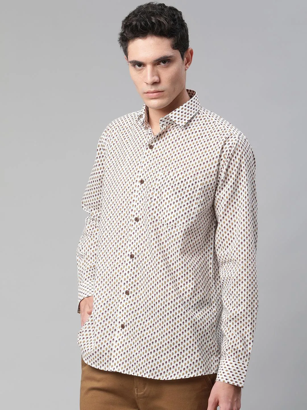 Millennial Men White & Yellow Cotton  Full Sleeve  Shirt For Men-Mmf0283