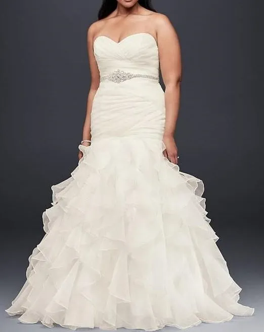 Organza Plus Size Mermaid Wedding Dress With Lace-Up Back Ruffled Skirt