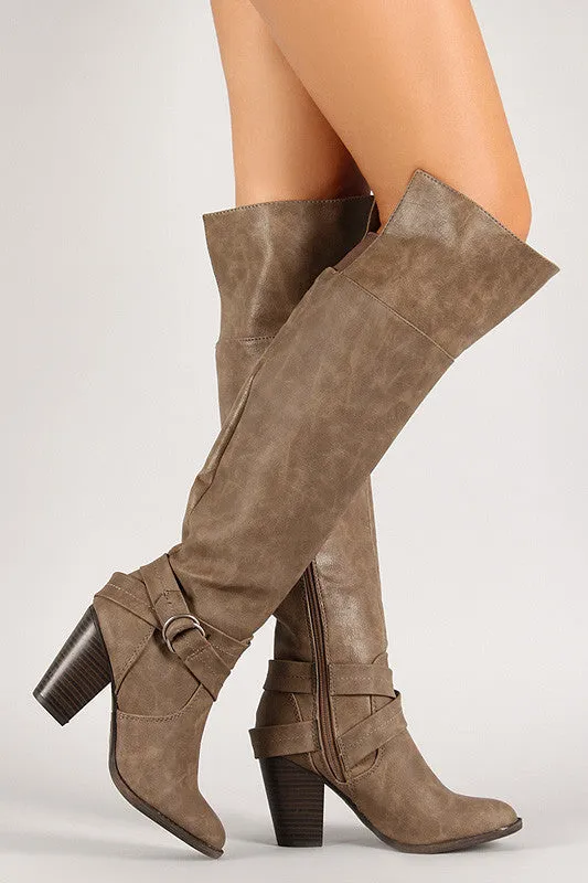 Ring Buckle Chunky Heel Knee High Boot