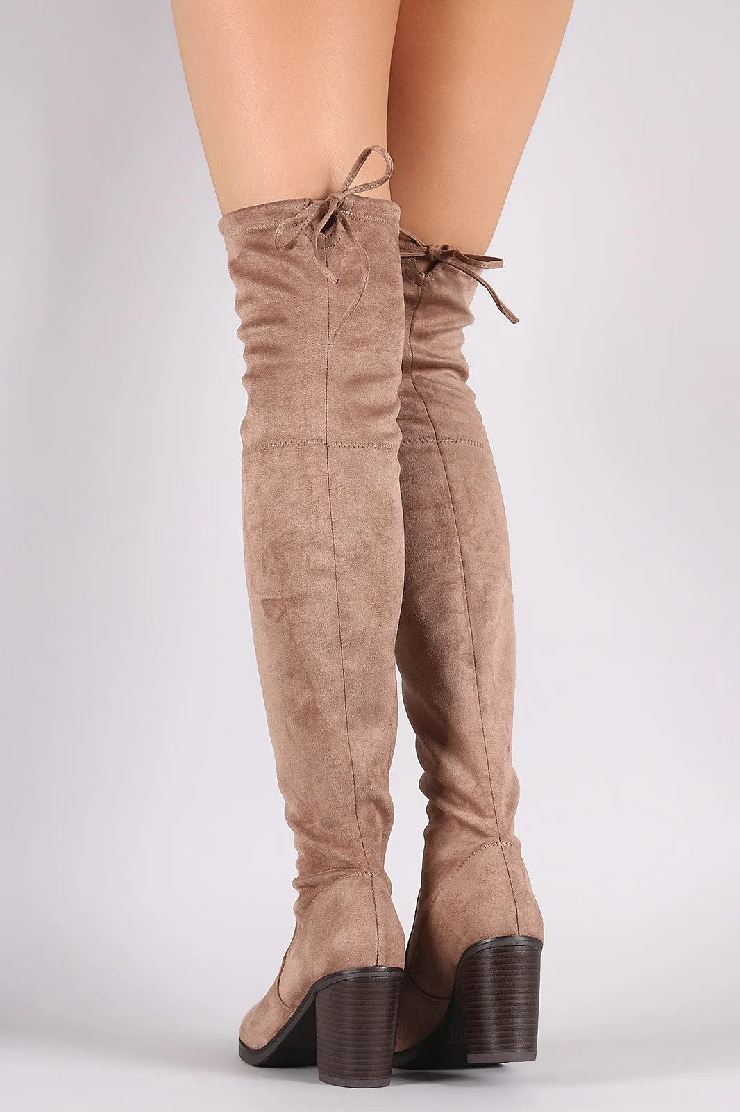 Stretched Suede Collar Tie Chunky Heeled Over-The-Knee Boots