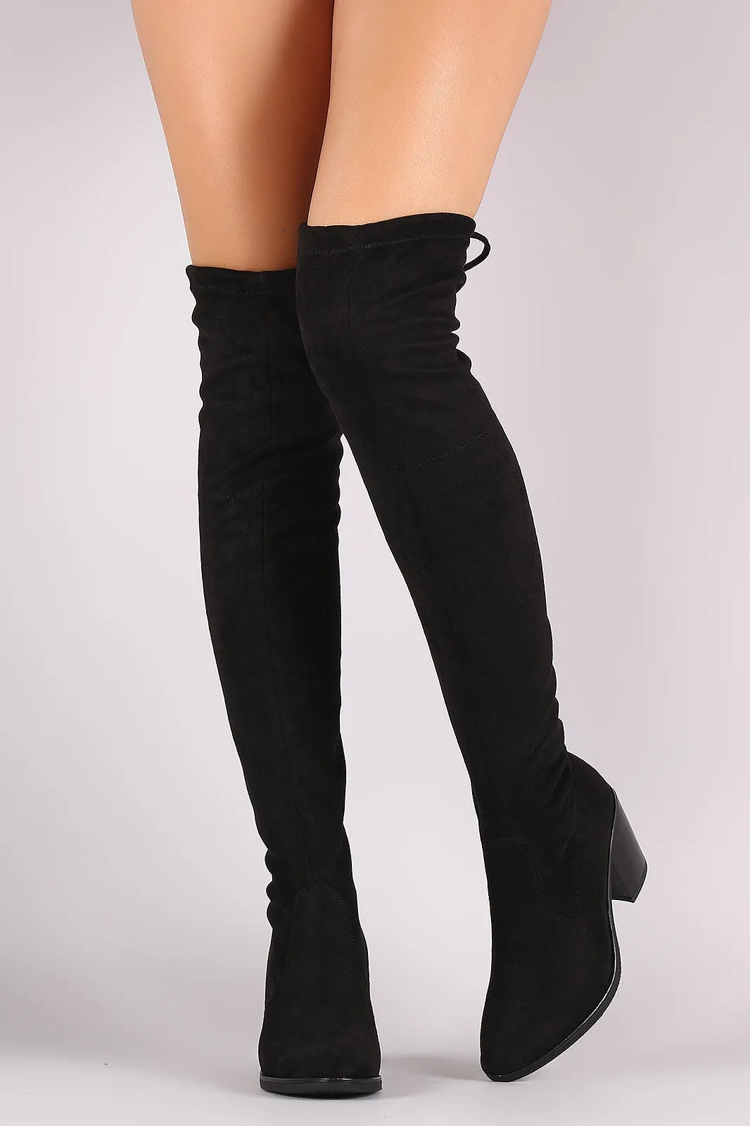 Stretched Suede Collar Tie Chunky Heeled Over-The-Knee Boots