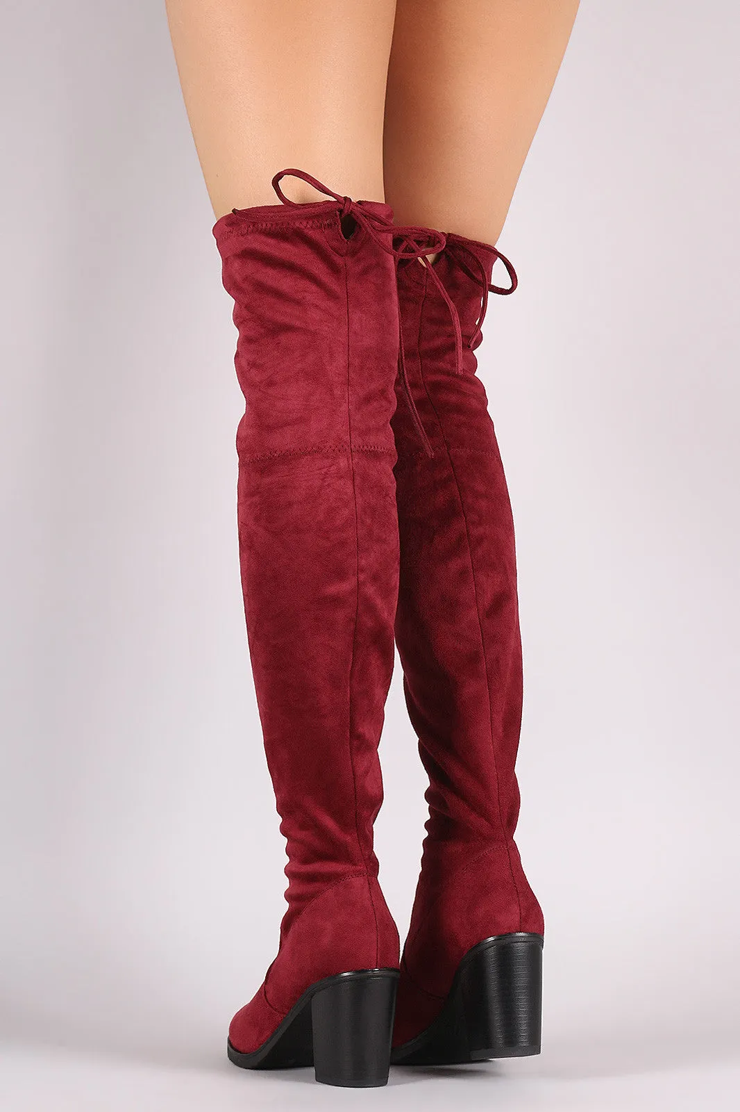 Stretched Suede Collar Tie Chunky Heeled Over-The-Knee Boots