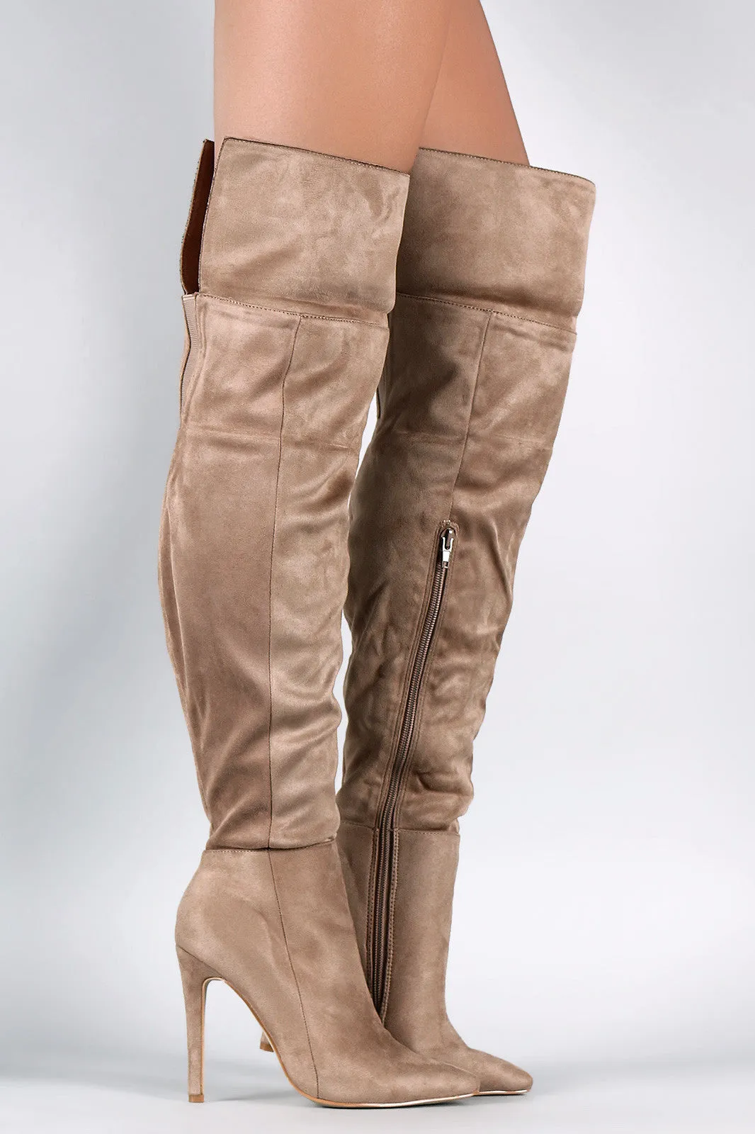 Suede Pointy Toe Cuff Over-The-Knee Stiletto Boots