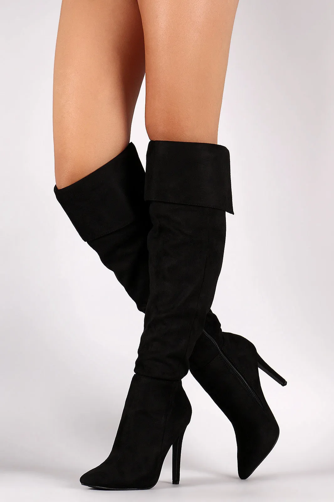 Suede Pointy Toe Cuff Over-The-Knee Stiletto Boots