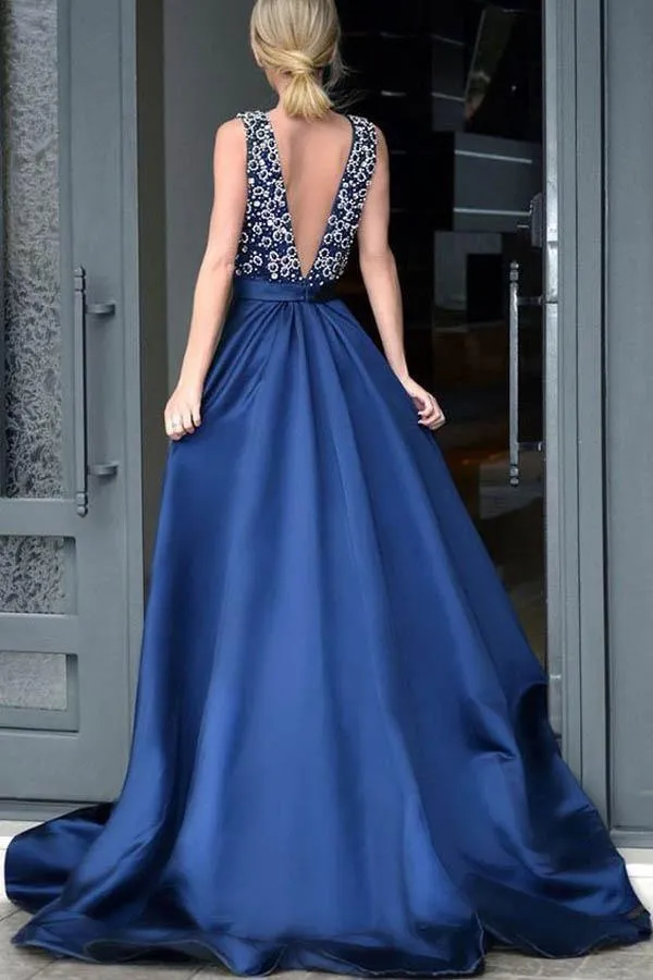 V-neck Royal Blue Satin Beading Prom Dresses With Sweep Train PG443