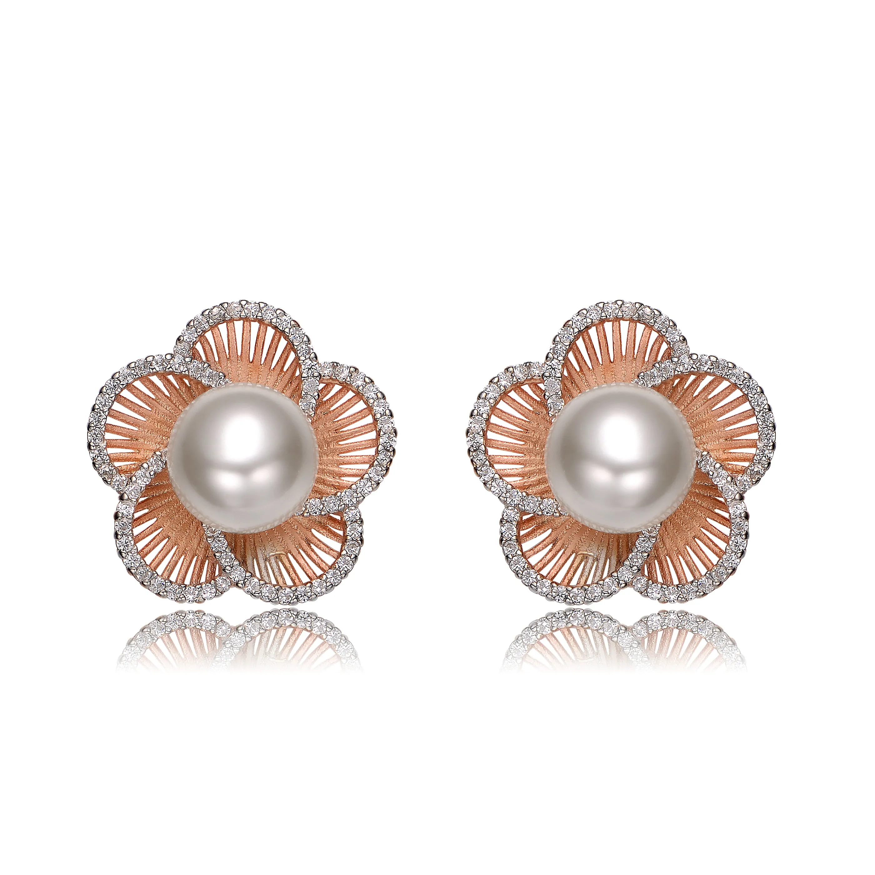 White Gold Cubic Zirconia 18K Rose Gold Flower Design Sterling Silver Stud Earrings