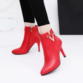 Woman Sexy Ankle Leather Zipper Boot,Pointed High Heels Toe