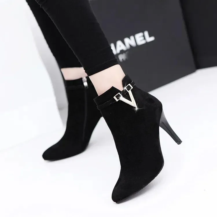 Woman Sexy Ankle Leather Zipper Boot,Pointed High Heels Toe